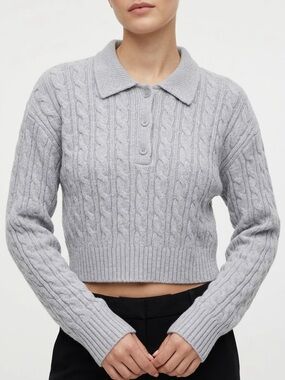 Aritzia Sunday Best Rosebud Polo Sweater S Gray Wool Cable Knit Cropped